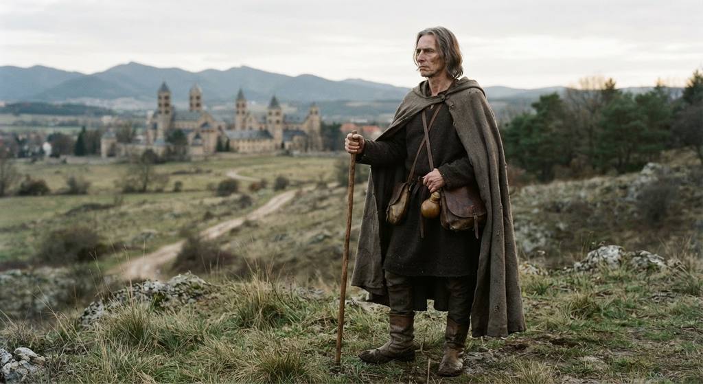 A pilgrim in a cloak carries a staff while looking toward distant holy structures.