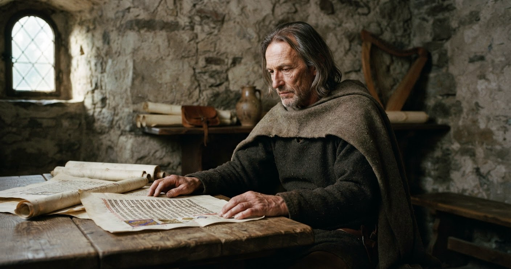 An elderly minstrel sits in a stone chamber while examining illuminated parchment sheets.