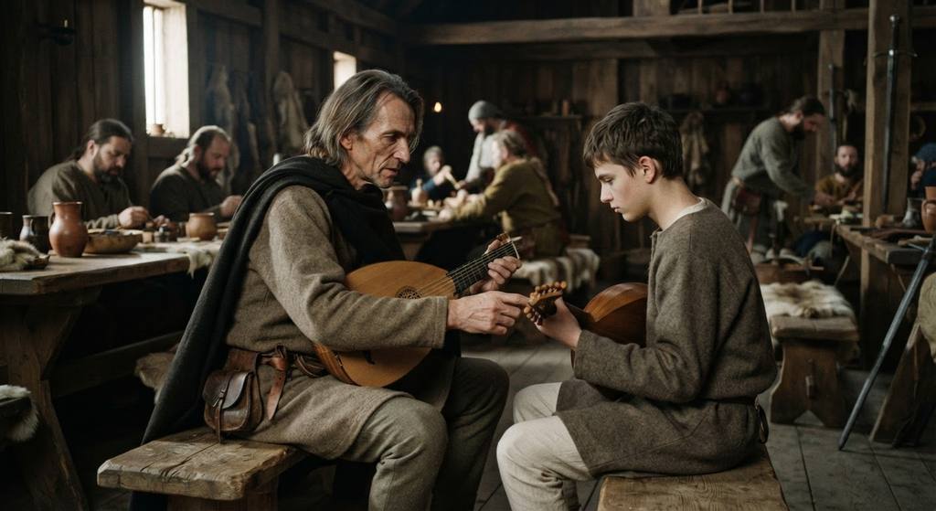 A young man learns to play the lute in a wooden hall at the Duke of Austria's court in Vienna.