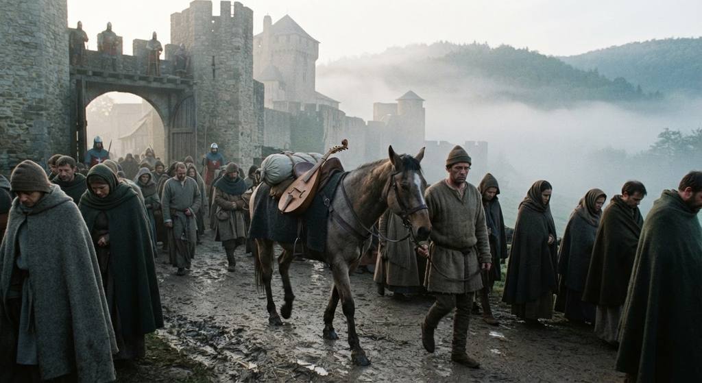 A lone horseman rides through a misty medieval landscape while carrying a stringed instrument.