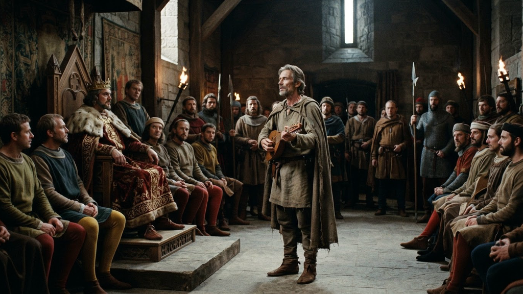 A weathered man in a wool tunic recites poetry before King Philip of Swabia and assembled nobles.