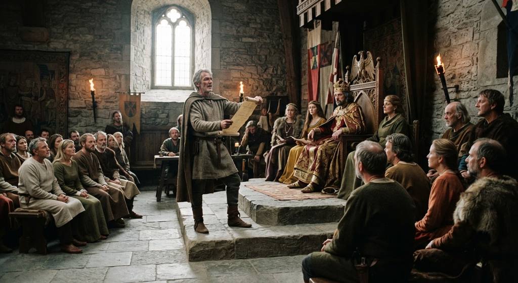 A man in a wool tunic holds a scroll while addressing nobles near an imperial throne.