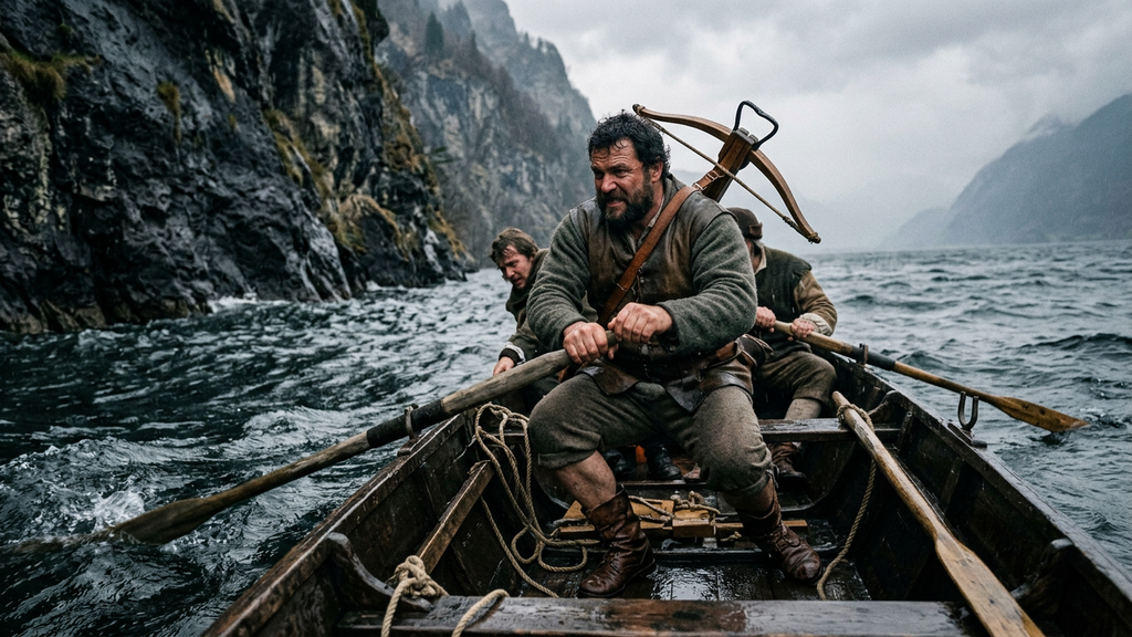 A small wooden boat struggles against dark, crashing waves near a steep, rocky alpine ledge.