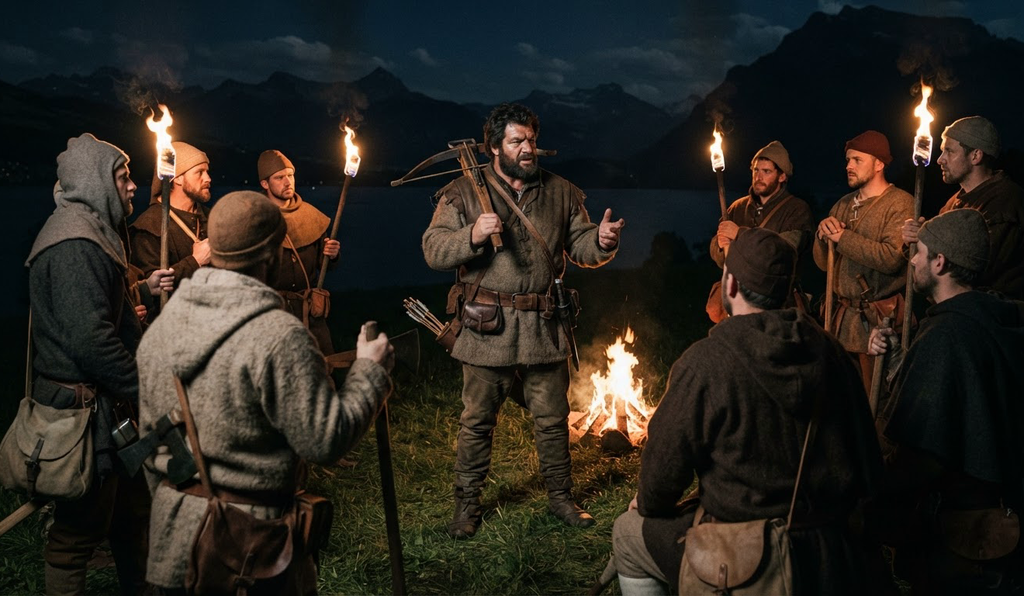 Countrymen gather in a meadow at night, illuminated by the warm glow of torches under a dark sky.