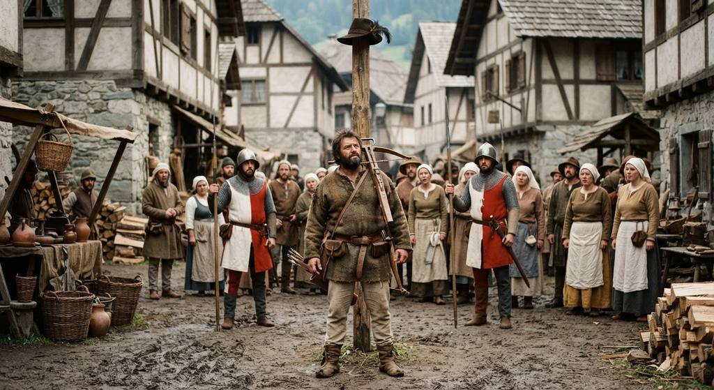 A bearded hunter stands in a village square before a tall pole topped with a hat, representing defiance in Altdorf.
