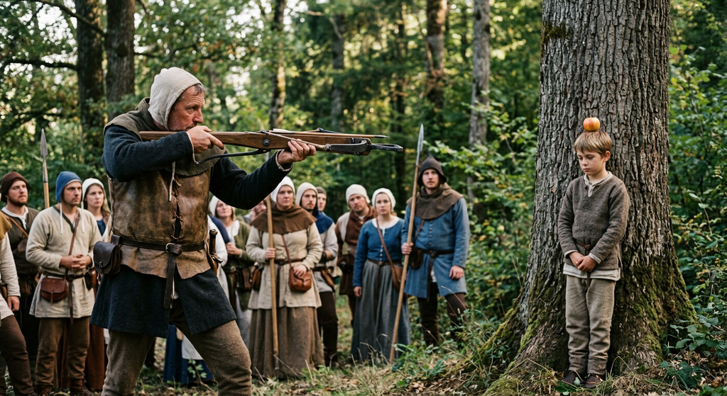 An archer aims a wooden crossbow at an apple resting on a young boy standing against a tree in a forest.