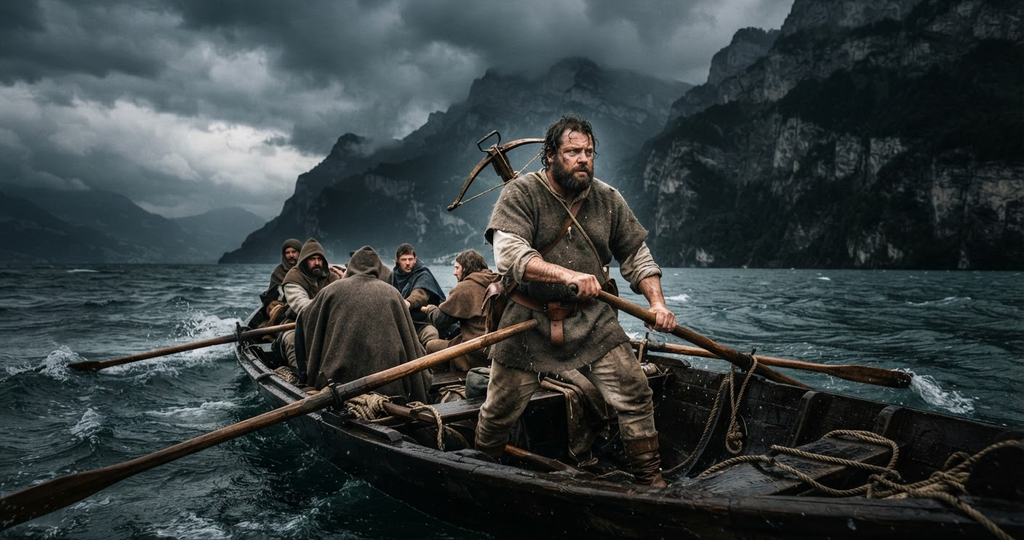 A small wooden boat is tossed by dark, turbulent waters beneath steep, jagged mountain cliffs.