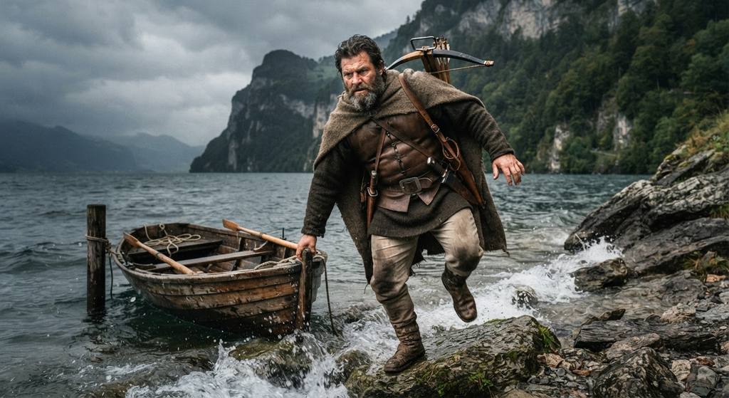 A bearded hunter in period clothing leaps from a boat onto a rocky shore beside a stormy lake.