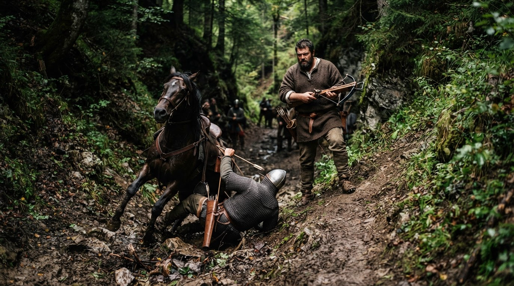 A horseman falls from his mount on a narrow, dirt-banked path during an ambush in a wooded defile.