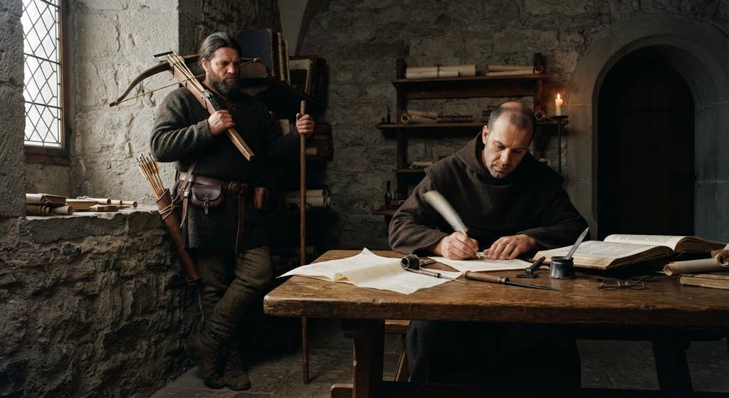 A medieval scribe sits in a quiet room, writing on parchment with a quill pen.