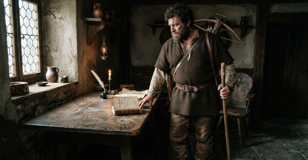 A bound, antique printed book rests on a dark wooden desk in a dimly lit setting.