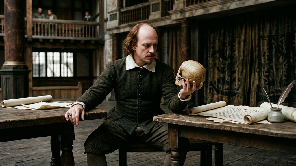 An actor in Elizabethan dress stands on a wooden stage gazing intently at a human skull.