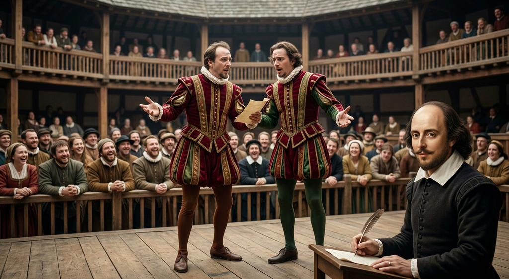 Two actors in colorful doublets perform a comedic scene for a laughing crowd.