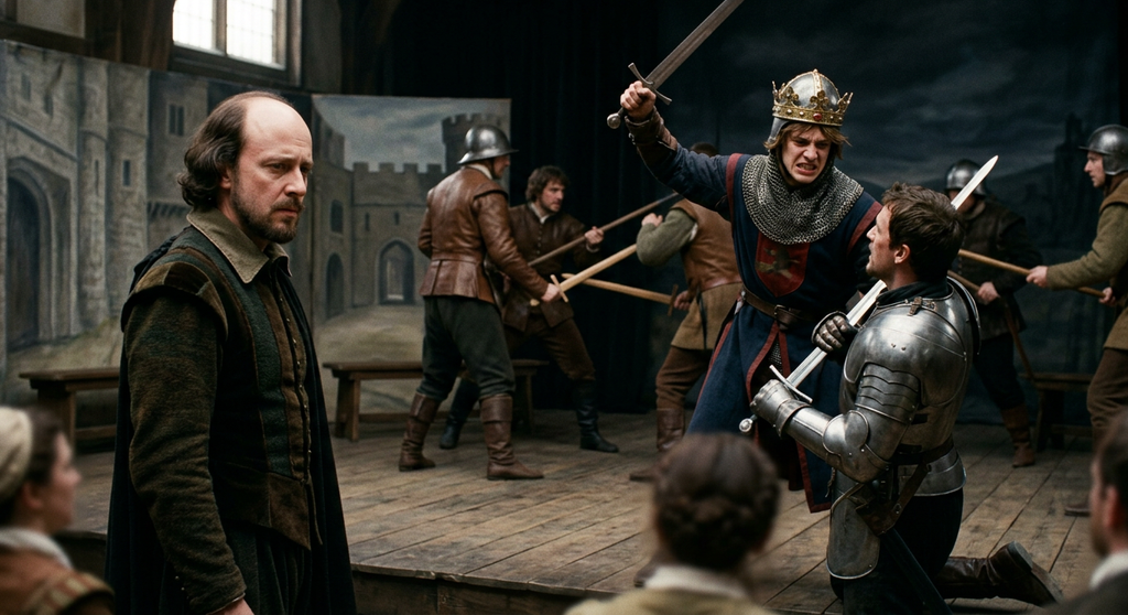An actor in armor and a crown raises a sword during a battle scene on a wooden stage.