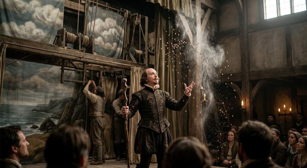 An actor in a magician's robe performs on stage alongside theatrical storm machinery.