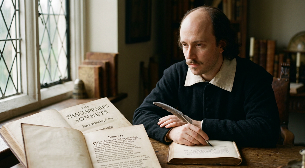 A feather quill rests across the open printed page of a 1609 book of poetry.