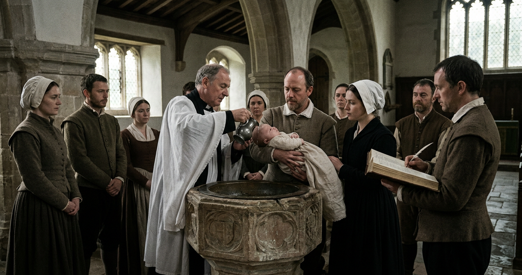 A stone baptismal font stands inside a quiet parish church where Shakespeare stands nearby.