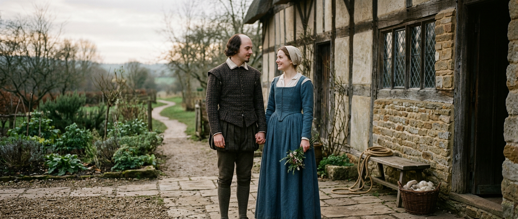 A young Elizabethan couple stands together in a countryside setting near Shakespeare.