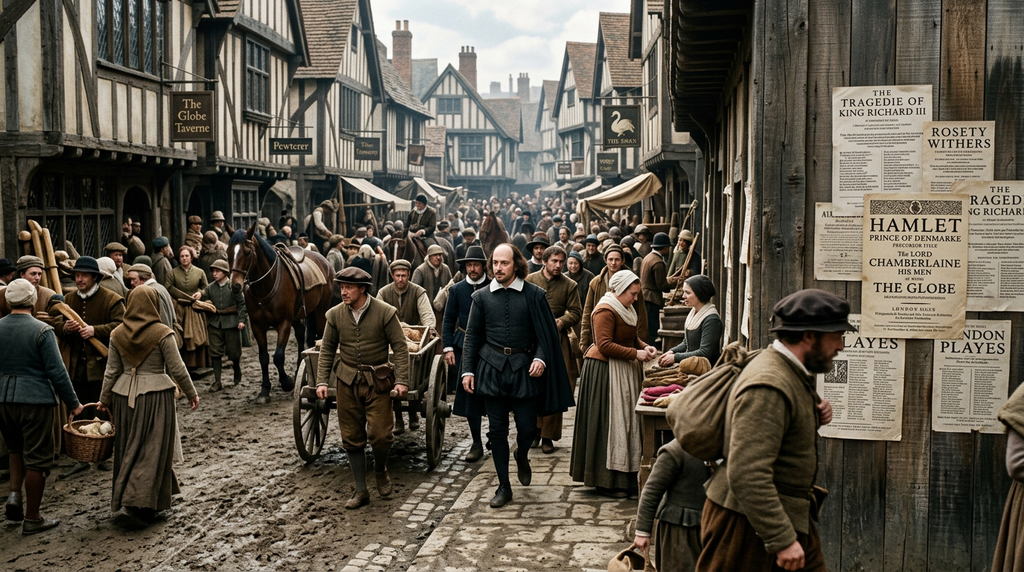People walk down a busy 16th-century London street lined with timber buildings and playbills.