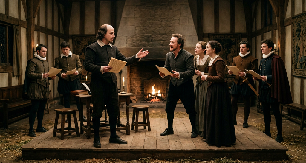 A group of Elizabethan actors in doublets rehearse their lines inside a wood-panelled hall.
