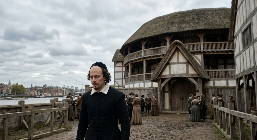 The exterior of a circular wooden theater with a thatched roof stands under a cloudy sky.