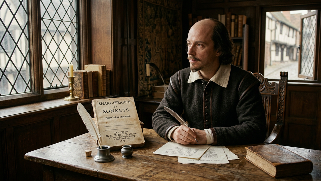 A printed title page of a 17th-century book of poetry rests on a rustic wooden desk.