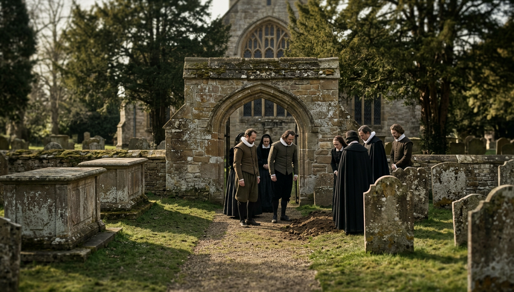 Stone monuments and headstones stand in a quiet 17th-century English churchyard.