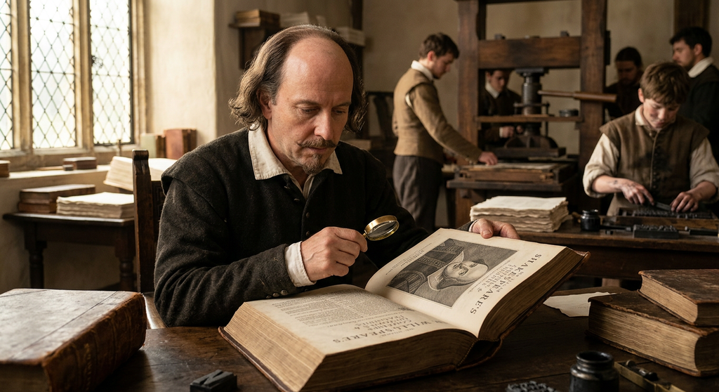 A large leather-bound book lies open to reveal an engraved portrait of William Shakespeare.