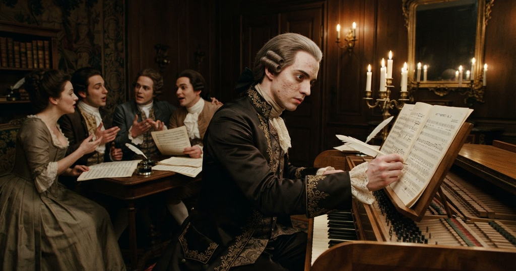 Mozart leans over a manuscript at a fortepiano, writing music by candlelight.