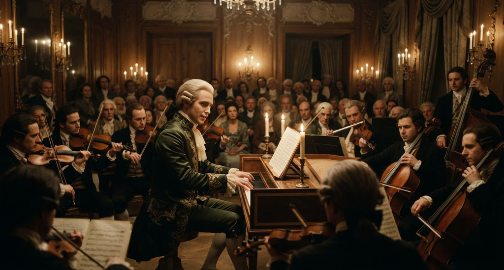 Mozart performs at a fortepiano before an attentive orchestra and audience in a grand hall.