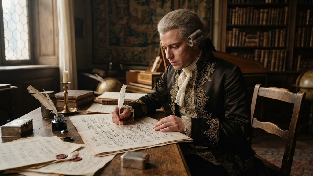 A quill pen rests on a handwritten musical score featuring complex contrapuntal lines.