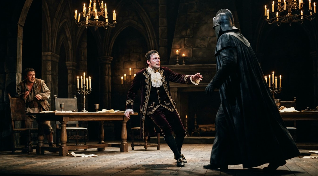 Actors perform a dramatic scene on an 18th-century opera stage illuminated by candles.