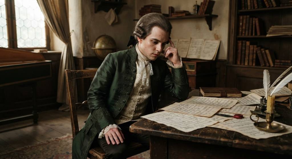 Mozart sits at a wooden desk in a quiet study, contemplating musical sketches.