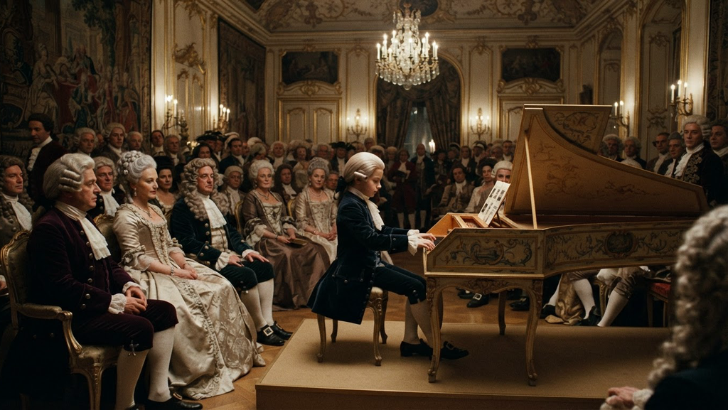 A young boy plays a harpsichord for a group of aristocrats in a grand 18th-century European court.
