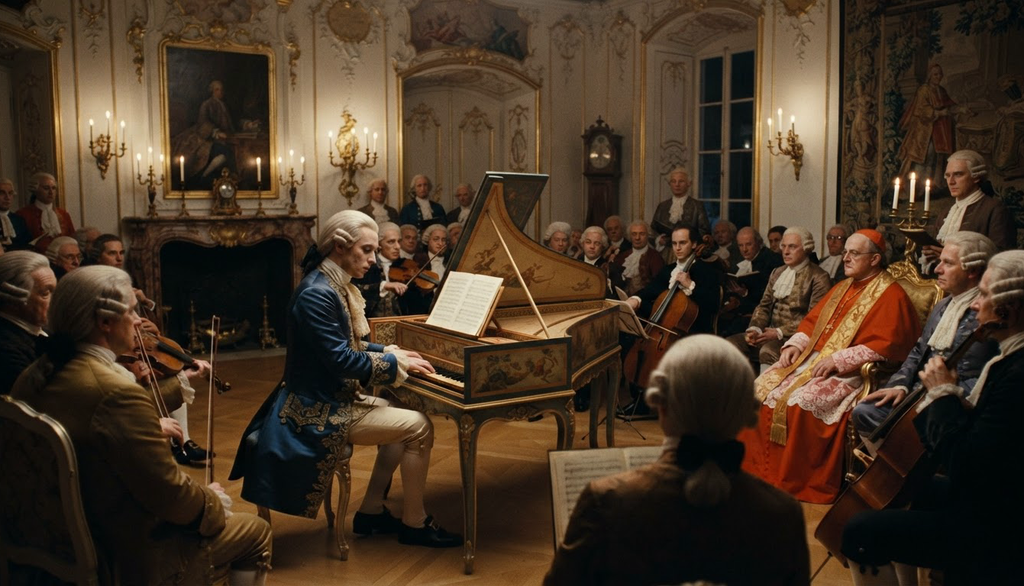 Mozart stands in a formal Salzburg salon among seated church officials and musicians.