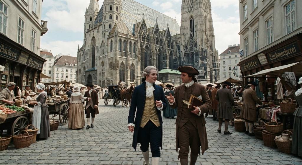 Mozart walks through a busy square in Vienna near the tall facade of St. Stephen's Cathedral.