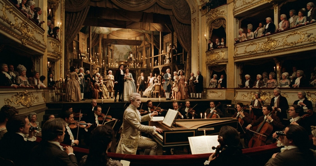 An ornate 18th-century opera stage is set for a performance under warm candlelight.