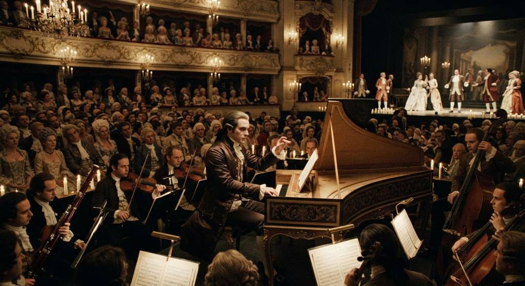 Mozart conducts an orchestra from a keyboard in a packed, candlelit Prague opera house.