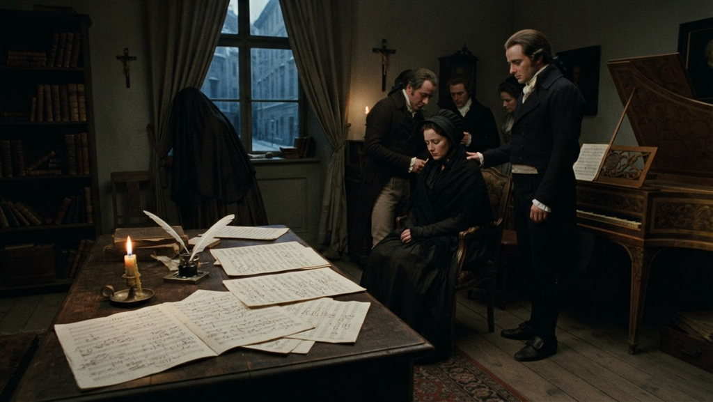 Handwritten musical scores lie on a wooden desk beside a fortepiano in a dim, candlelit study.
