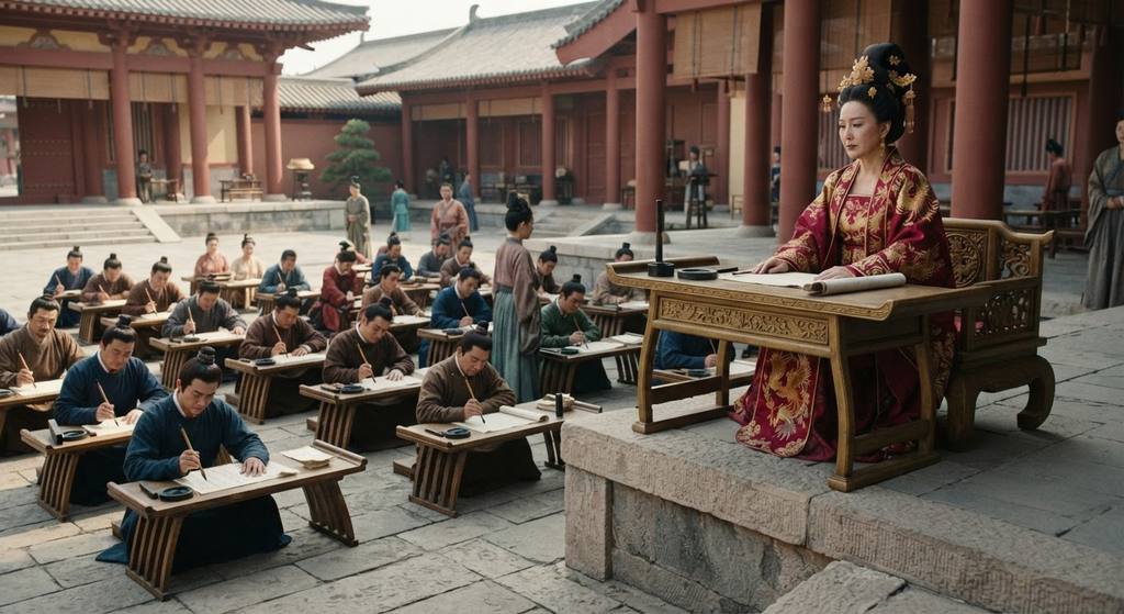 Scholars sit at wooden desks in a bright courtyard, writing civil service examination papers.