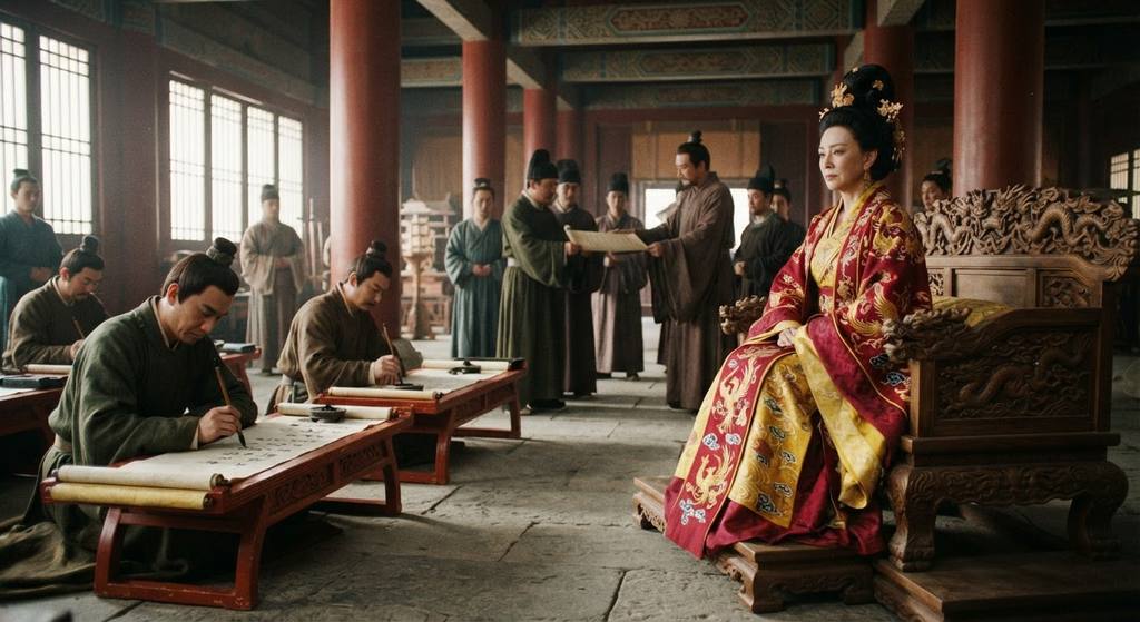 Court scribes record imperial decrees on silk scrolls inside the Luoyang audience chamber.