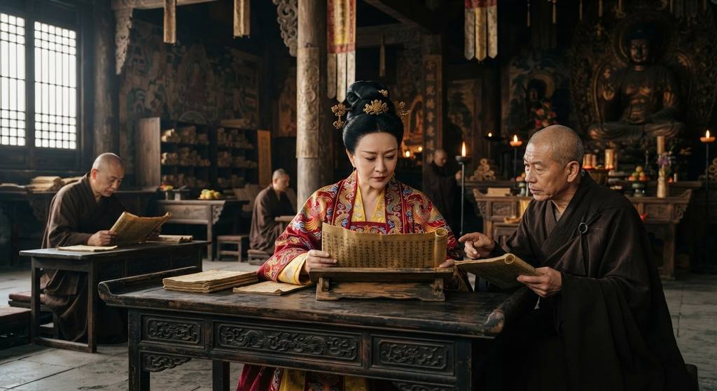 Monks read gilded Buddhist manuscripts inside a grand wooden monastery temple.