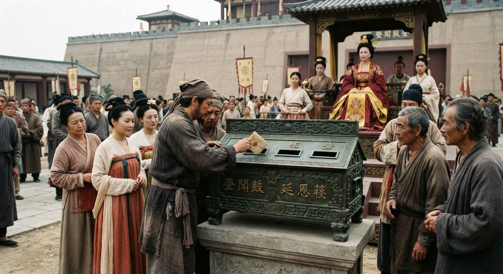 Citizens drop sealed letters into a large cast-bronze petition box outside the palace walls.