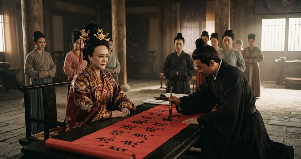Calligraphers brush new imperial Chinese characters onto long red silk banners.