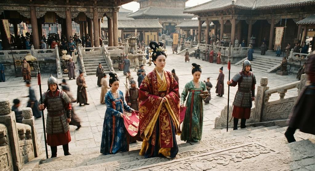 A young woman in traditional Tang robes arrives at the imperial palace courtyard surrounded by attendants.