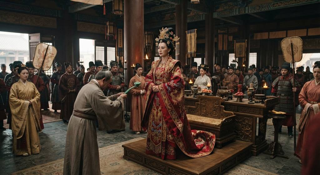 Wu Zetian stands in ornate crimson and gold robes during her formal coronation ceremony.