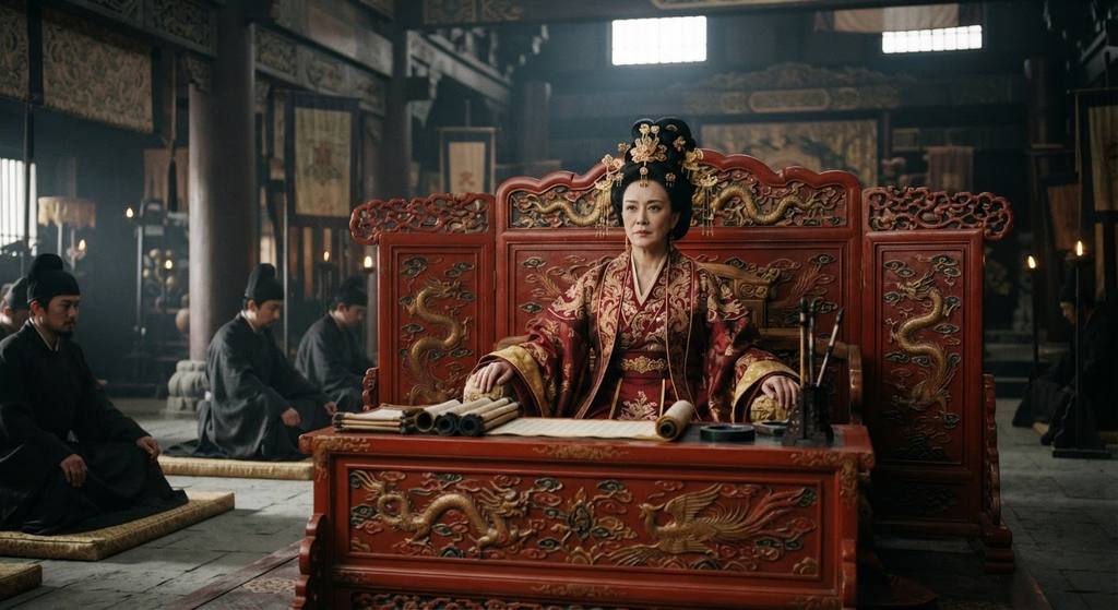 Wu Zetian sits behind a carved red lacquer screen in Luoyang, listening to court reports.