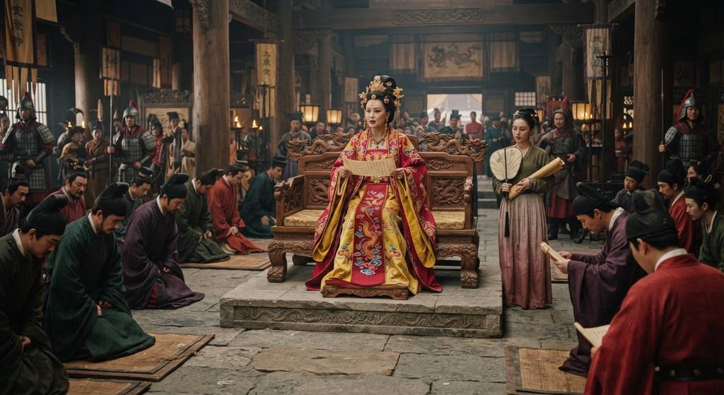 Wu Zetian issues an imperial decree to a gathering of court ministers in the audience chamber.