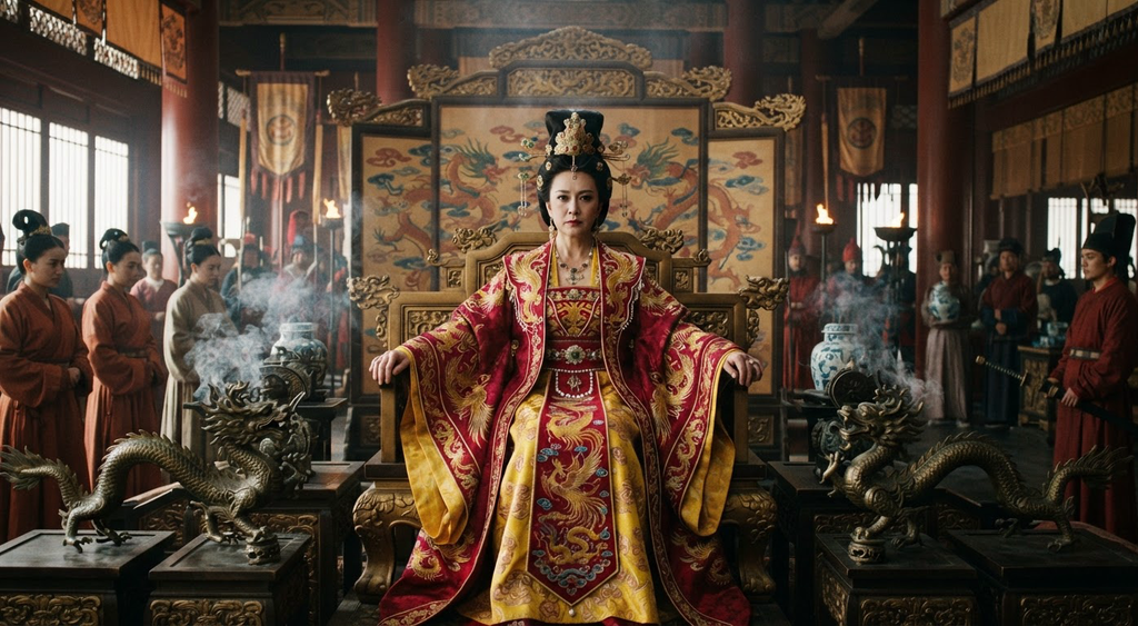 Wu Zetian sits on the imperial throne surrounded by bronze dragon incense burners.