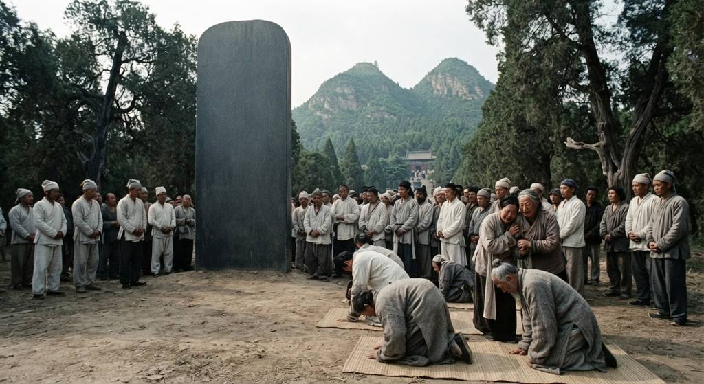 A massive, uncarved stone stele stands at the Qianling Mausoleum under a cloudy sky.